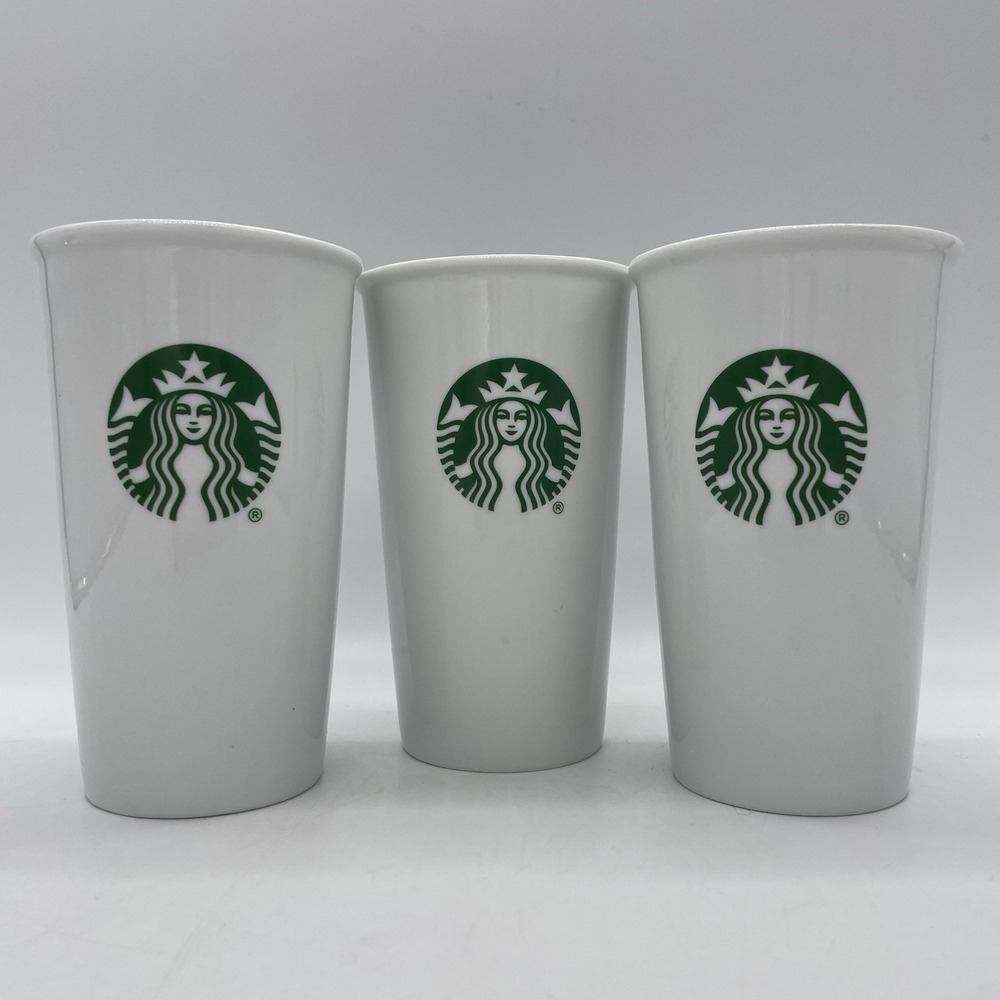 Set of 3 Starbucks Mermaid Tumbler Ceramic Travel Coffee Mug White 10 oz w/ Lids - Picture 2 of 9